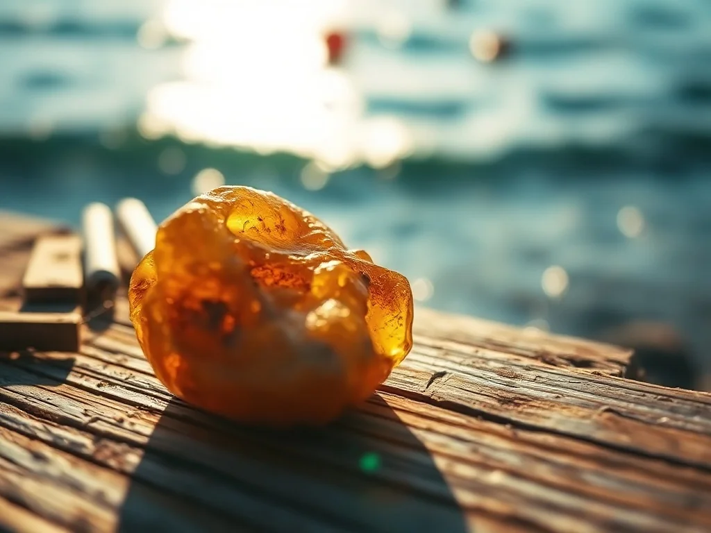 Kawałek surowej ambry na drewnianym podłożu w promieniach słońca, z widokiem na spokojny ocean w tle.