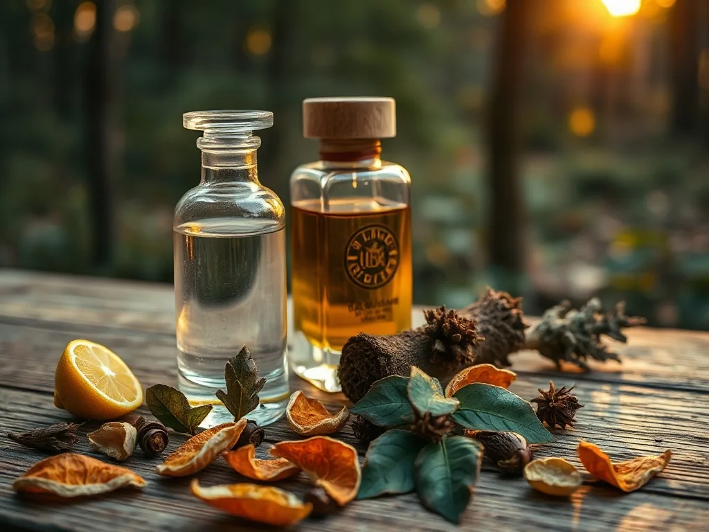 Szklany flakon perfum na drewnianym stole w otoczeniu mchu dębowego, skórek cytrusów i liści paczuli.