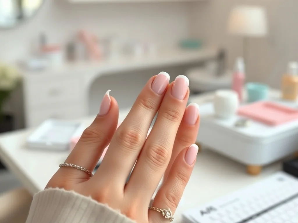 Dłonie z eleganckim manicure typu babyboomer o płynnym przejściu bieli w róż, prezentujące efekt końcowy stylizacji paznokci.