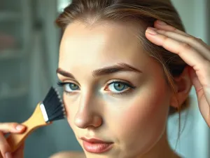 Zbliżenie na twarz kobiety z idealnie gładką, świetlistą cerą typu glass skin w jasnym, minimalistycznym wnętrzu.