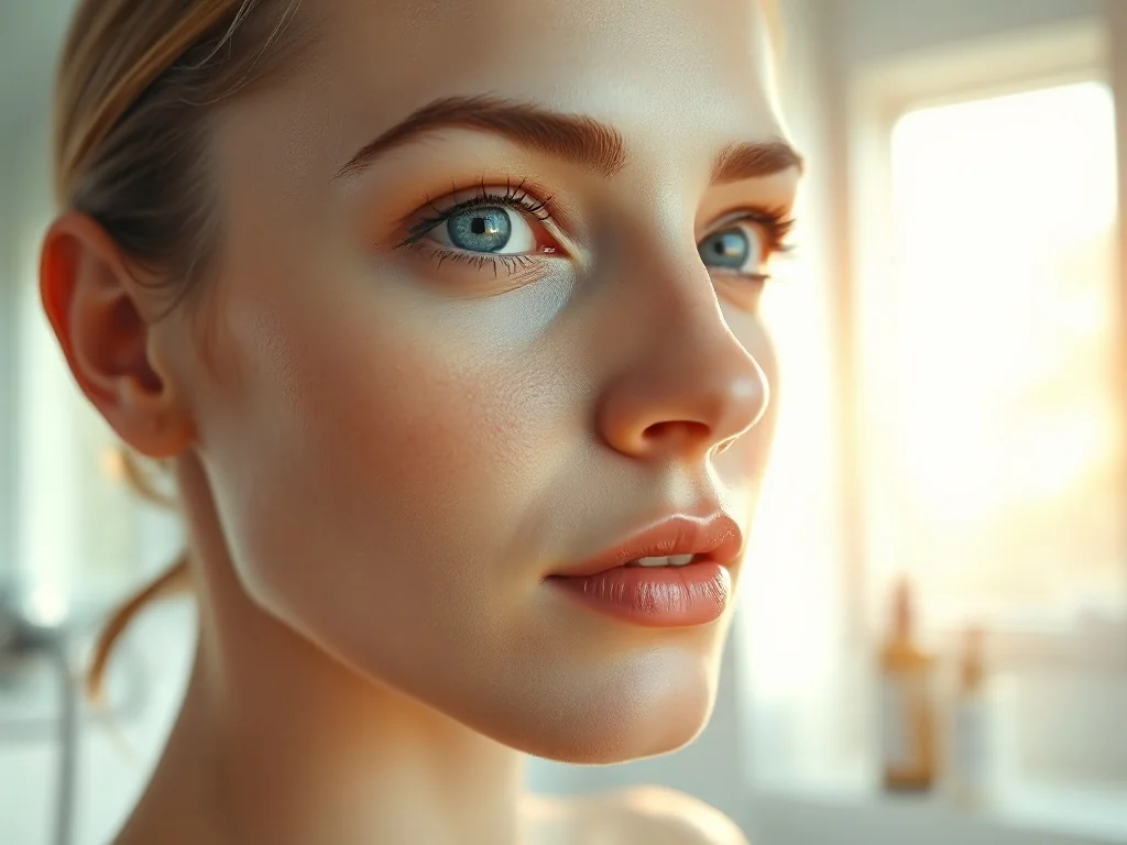 Zbliżenie na twarz kobiety z idealnie gładką, świetlistą cerą typu glass skin w jasnym, minimalistycznym wnętrzu.