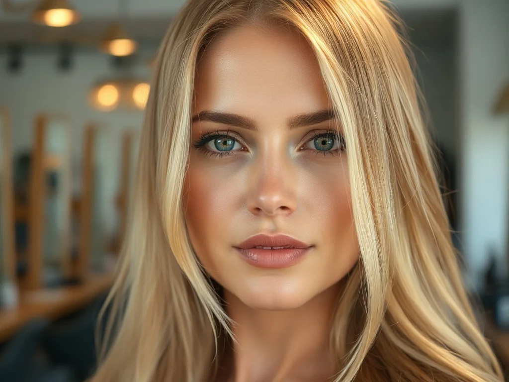 Kobieta o idealnie stonowanych, blond włosach z delikatnymi refleksami w profesjonalnym salonie fryzjerskim.