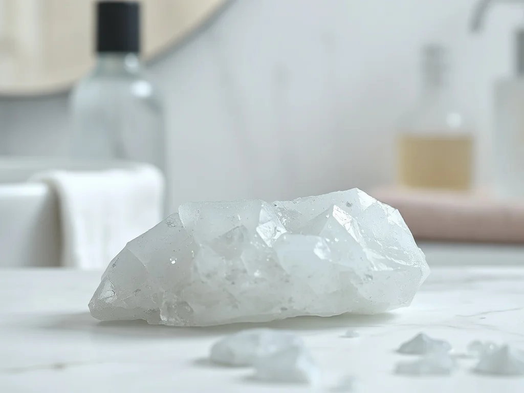 Kryształ ałunu na marmurowym blacie w jasnej łazience, podkreślający naturalny charakter produktu.