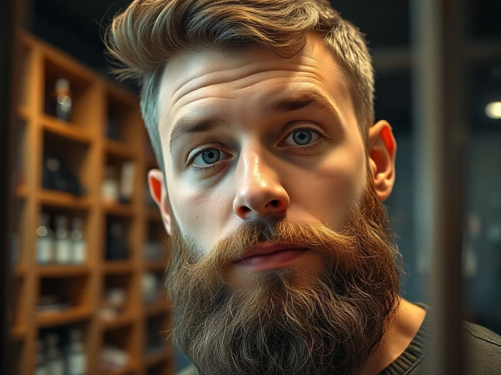 Zadbany mężczyzna z gęstą brodą przegląda się w lustrze w nowoczesnym salonie barberskim.