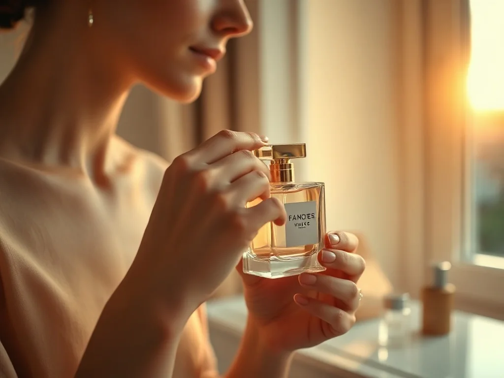 Kobieta aplikuje perfumy na nadgarstek w słonecznym, eleganckim wnętrzu, co pomaga utrzymać zapach na dłużej.