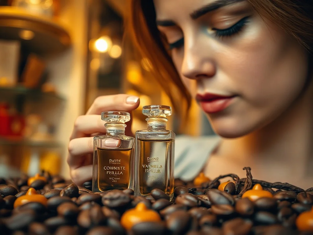 Kobieta wąchająca perfumy w otoczeniu ziaren kakao, wanilii i karmelu, nawiązująca do nut zapachowych typu gourmand.
