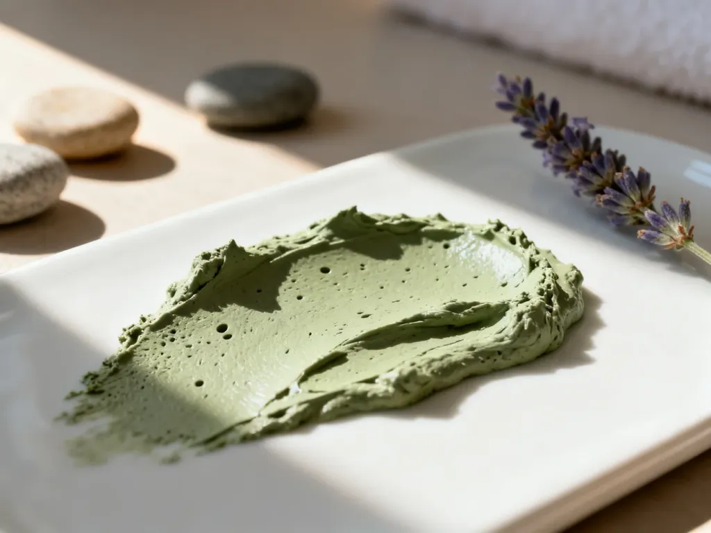 Gładka tekstura zielonej glinki na ceramicznej powierzchni w minimalistycznym otoczeniu spa.