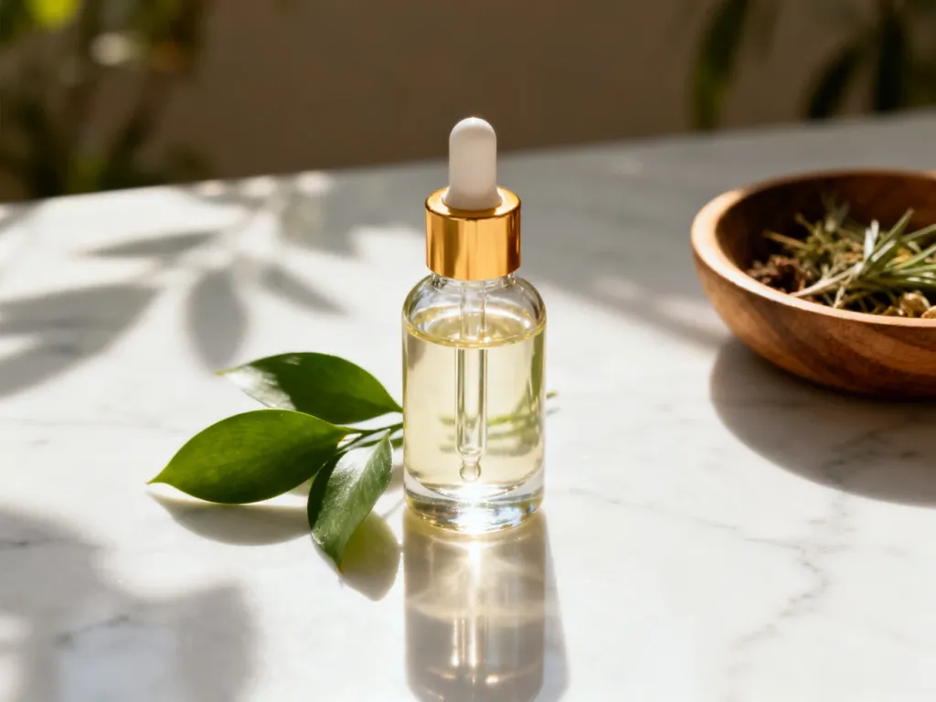 Elegancka buteleczka serum z pipetą na marmurowym blacie w otoczeniu naturalnych składników roślinnych.