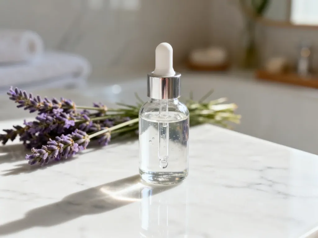 Szklana buteleczka z serum z kwasem hialuronowym na marmurowym blacie w otoczeniu lawendy, podkreślająca naturalną pielęgnację.