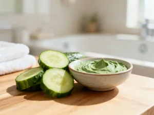 Elegancka butelka z olejem kokosowym w sprayu na marmurowym blacie, otoczona świeżym kokosem i liściem palmy w jasnym wnętrzu.