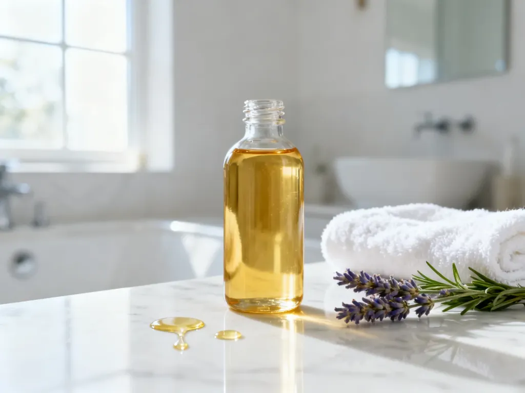 Szklana butelka z organicznym olejkiem jojoba na marmurowym blacie, obok ręcznik i gałązka lawendy.