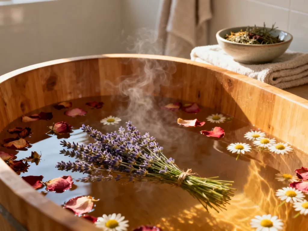Drewniana wanna wypełniona ciepłą wodą z płatkami róż, lawendą i rumiankiem, tworząca relaksującą atmosferę domowego spa.
