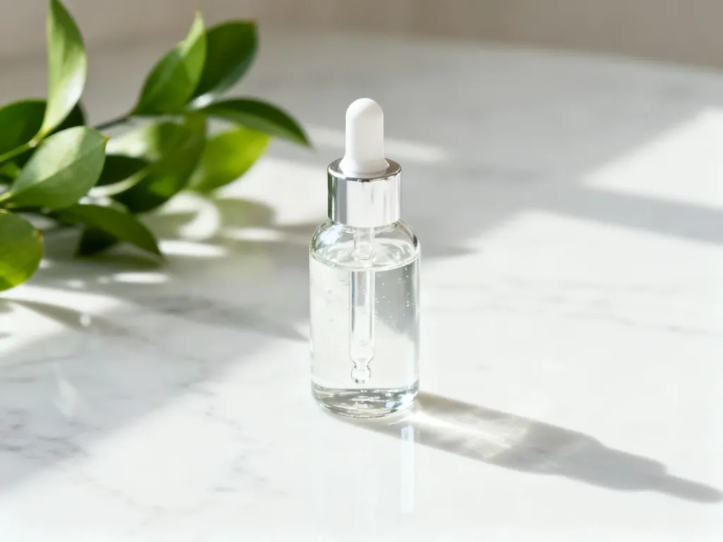 Szklana buteleczka z serum hialuronowym na marmurowym blacie w otoczeniu zielonych liści w stylu spa.