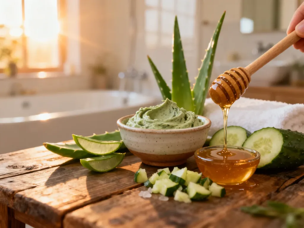Składniki naturalnych maseczek, takie jak aloes, ogórek i miód, przygotowane do domowej pielęgnacji twarzy.