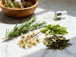 Składniki do naturalnego demakijażu: olej jojoba, rumianek i płatki kosmetyczne na drewnianym stole.