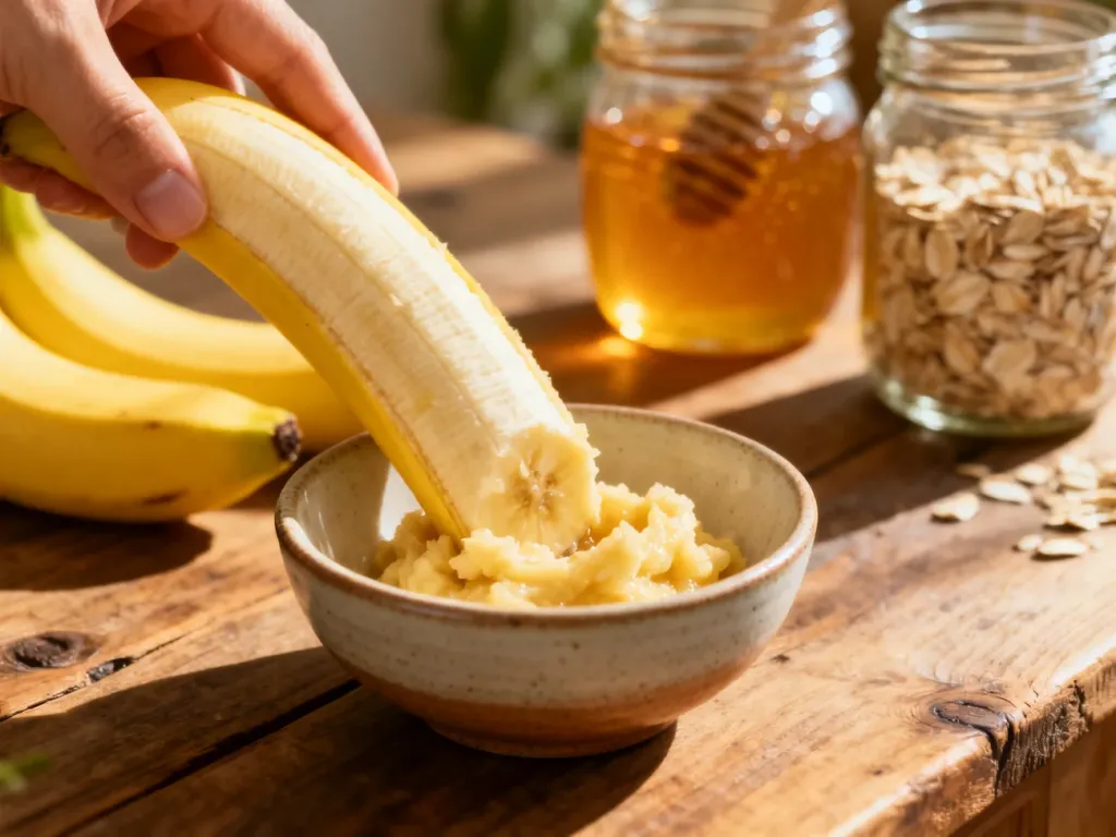 Rozgniatanie świeżego banana w miseczce na drewnianym stole, przygotowanie domowej maseczki do twarzy.