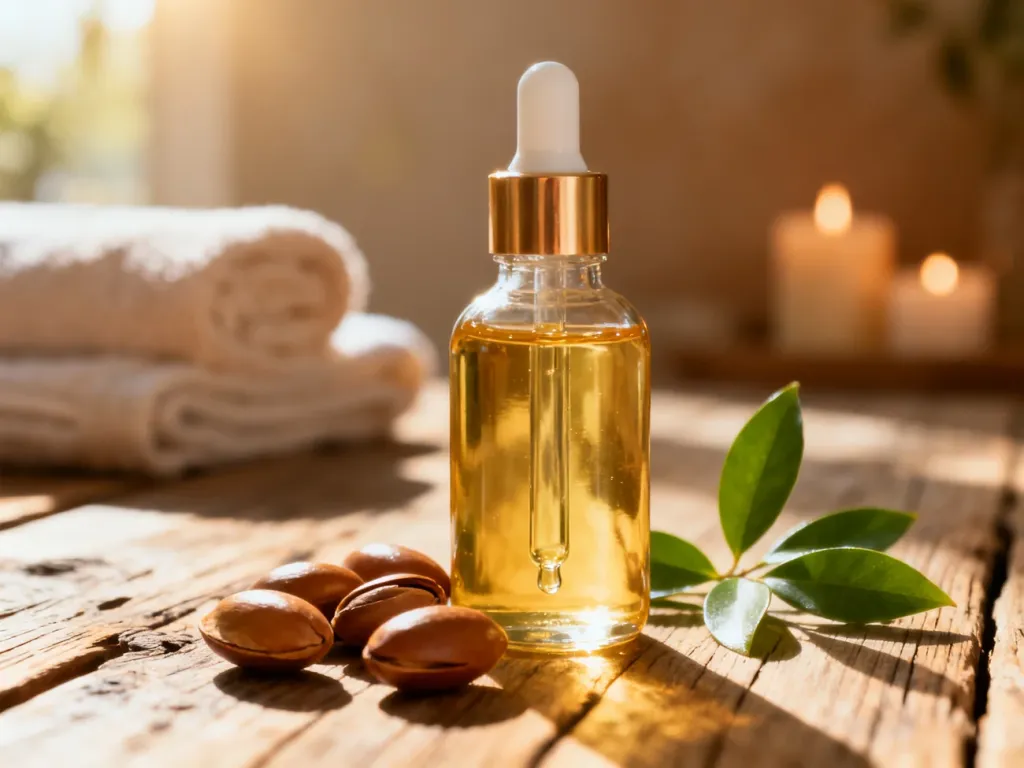 Szklana buteleczka z olejkiem arganowym na drewnianym tle, otoczona orzechami i liśćmi w klimacie spa.
