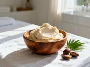 Szklana buteleczka z naturalnym olejkiem na marmurowym blacie, podkreślająca czystość i pielęgnacyjny charakter produktu.