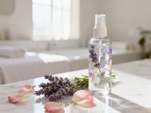 Szklana butelka z octem jabłkowym na drewnianym stole w jasnej, relaksującej łazience w stylu spa.