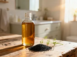 Szklana buteleczka z olejkiem arganowym na drewnianym tle, otoczona orzechami i liśćmi w klimacie spa.