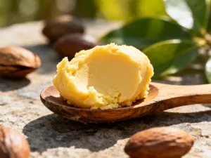Miska z zieloną glinką, drewniana łyżeczka i gałązki rozmarynu na tle łazienki, ilustrujące naturalną pielęgnację cery trądzikowej.