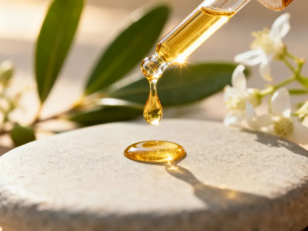 Złota kropla olejku jojoba spadająca z pipety na gładką powierzchnię, podkreślająca naturalne pochodzenie produktu.