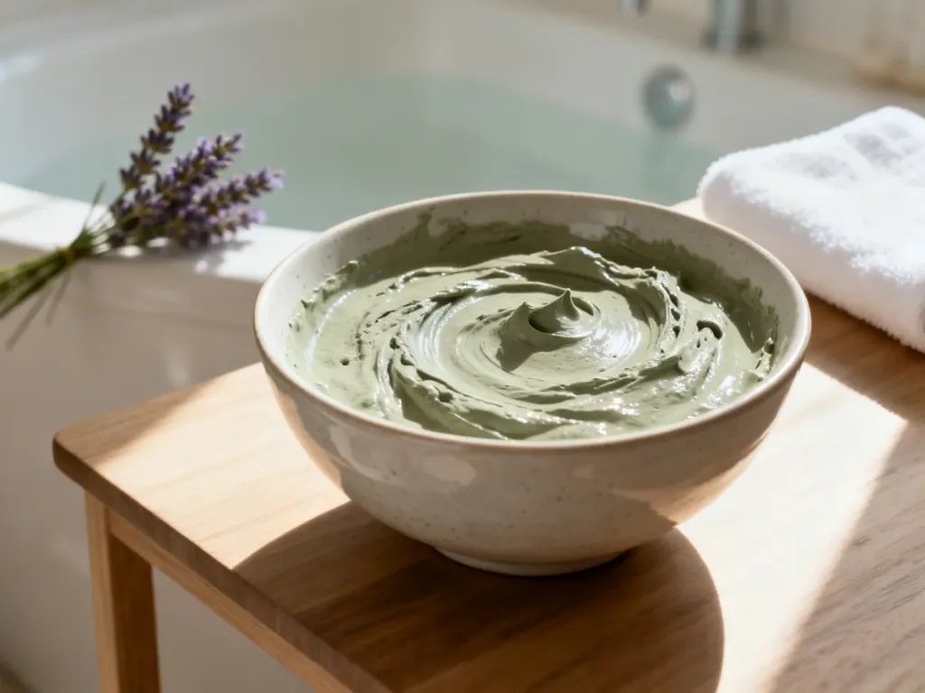 Ceramiczna miseczka z zieloną glinką kosmetyczną na drewnianym stole w otoczeniu akcesoriów spa.