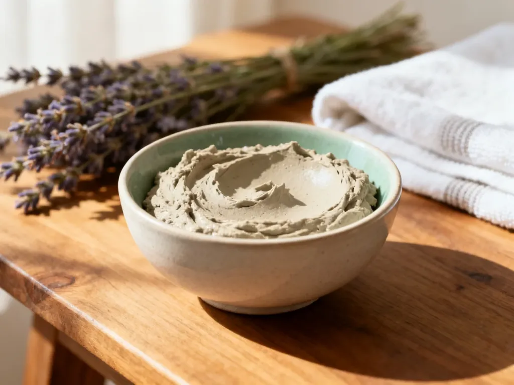 Miska z naturalną glinką kosmetyczną przygotowaną do nałożenia na twarz, ustawiona w relaksującej scenerii spa.