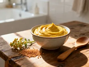 Składniki do naturalnego demakijażu: olej jojoba, rumianek i płatki kosmetyczne na drewnianym stole.