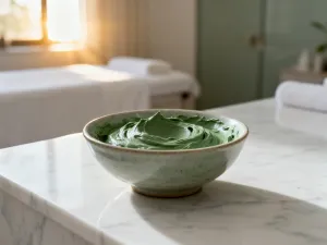 Jasnozielona glinka w ceramicznej miseczce z drewnianą szpatułką, podkreślająca naturalną pielęgnację twarzy.