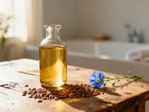 Składniki do naturalnego demakijażu: olej jojoba, rumianek i płatki kosmetyczne na drewnianym stole.