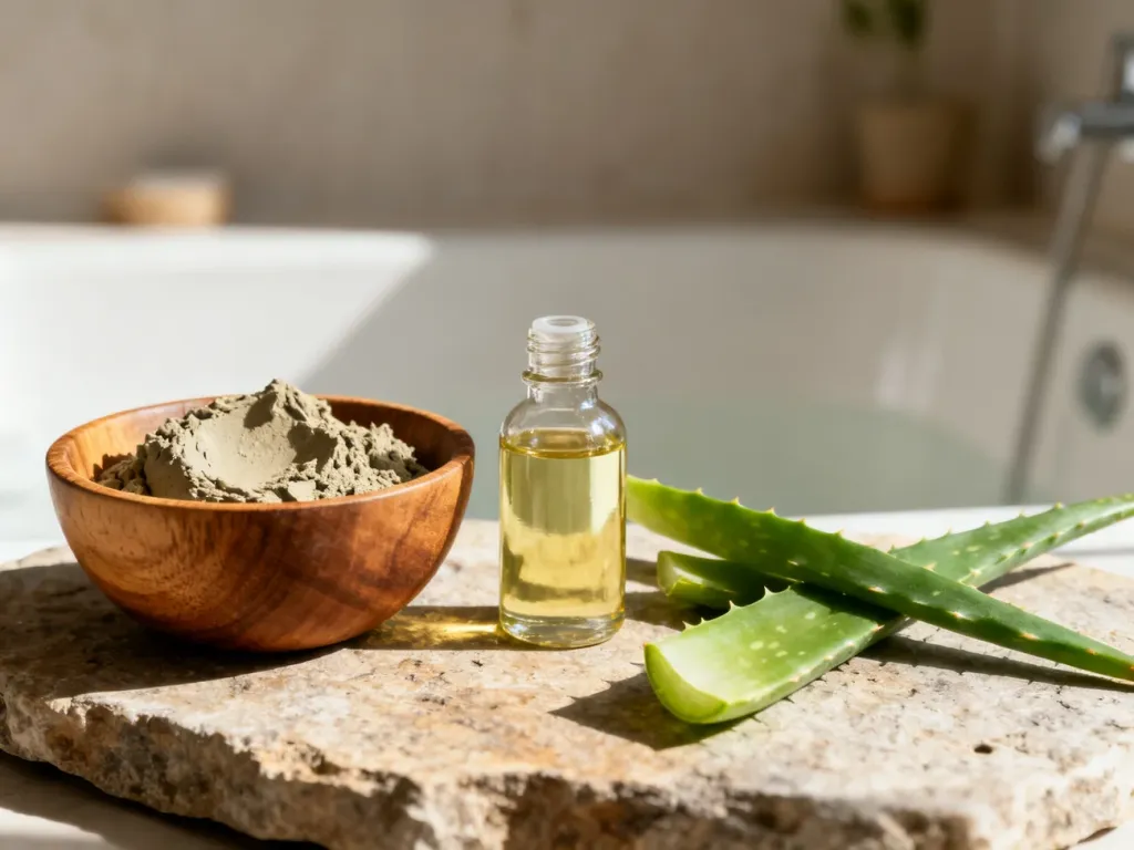 Zestaw naturalnych kosmetyków do pielęgnacji twarzy, w tym glinka, olejek i aloes, na kamiennym blacie w łazience.