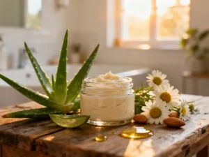 Zbliżenie na zdrowy, gruby włos obok lupy i naturalnego olejku, symbolizujące skuteczne metody zagęszczania fryzury.