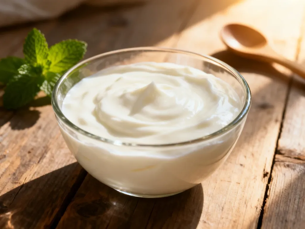 Gęsty jogurt naturalny w szklanej miseczce na drewnianym stole, przygotowany jako baza do domowej maski na włosy.