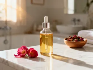 Składniki do naturalnego demakijażu: olej jojoba, rumianek i płatki kosmetyczne na drewnianym stole.