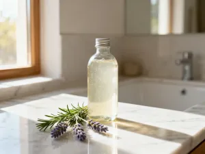 Świeże składniki roślinne, takie jak aloes i rumianek, obok butelki naturalnego kosmetyku na drewnianym blacie.