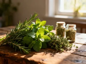 Szklany słoik z oliwą, suszoną lawendą i rozmarynem na drewnianym stole, przygotowany do zrobienia domowego maceratu.