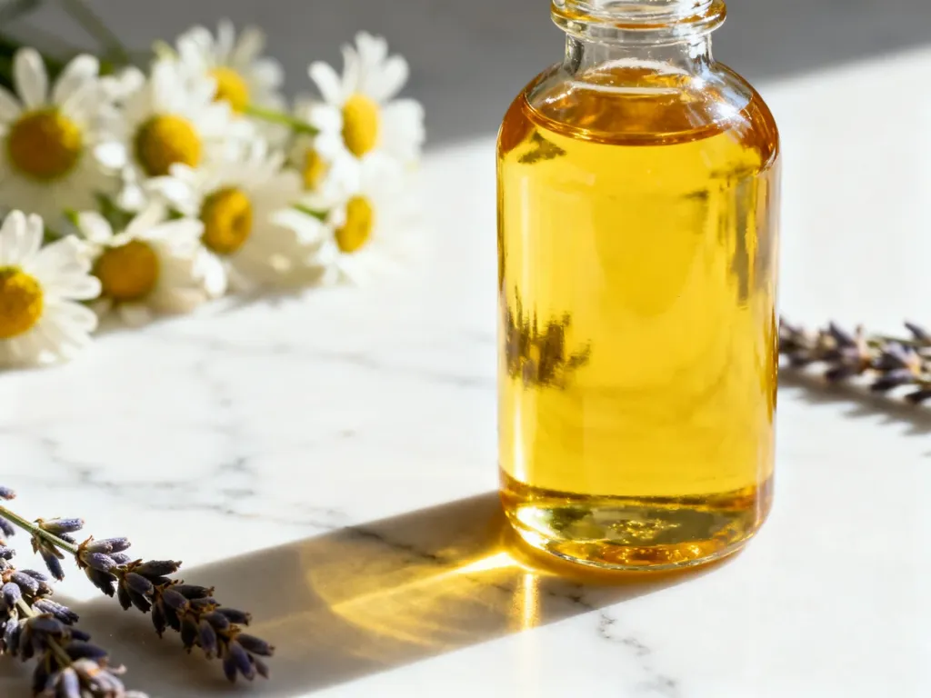 Szklana butelka ze złotym olejkiem do twarzy na marmurowym blacie, otoczona świeżymi ziołami i kwiatami.