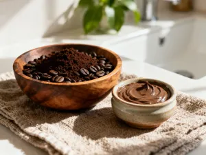 Kawałek masła kokum na drewnianym blacie w otoczeniu nasion mangostanu i zielonych liści, podkreślający naturalne pochodzenie produktu.