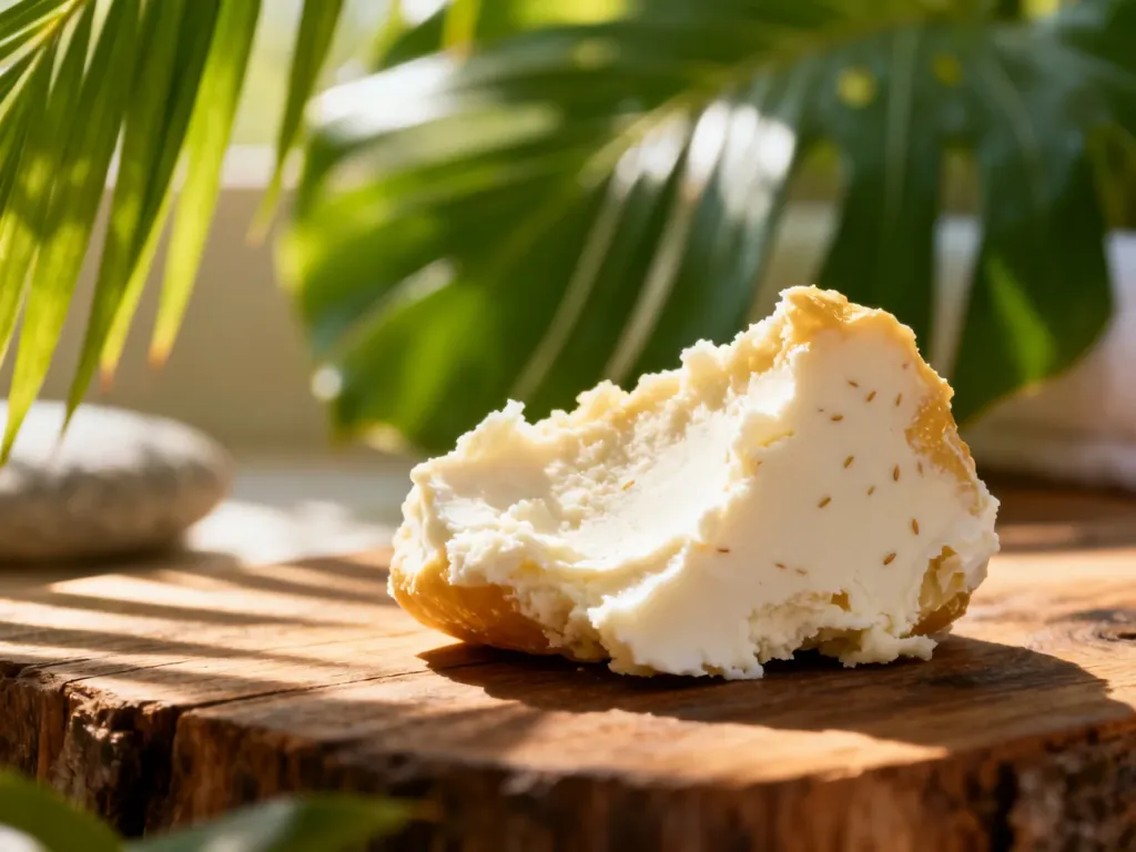Kawałek naturalnego masła shea o kremowej teksturze na drewnianym tle w otoczeniu tropikalnych liści.