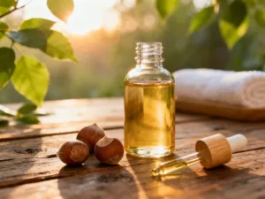 Porcja surowego masła shea w drewnianej miseczce w otoczeniu naturalnych składników do domowego balsamu.