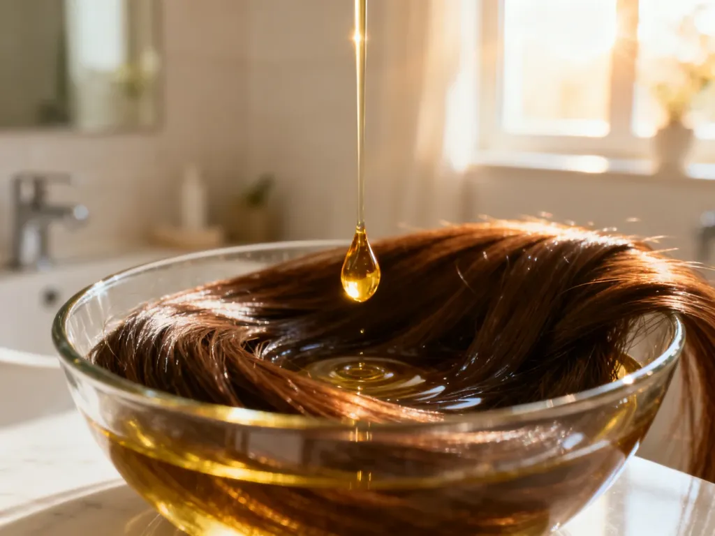 Złota kropla olejku jojoba wpadająca do miseczki z lśniącymi, brązowymi pasmami włosów w słonecznej łazience.