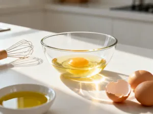 Miska z białą glinką kaolinową, pędzlem kosmetycznym i kwiatami rumianku na drewnianym blacie w łazience.