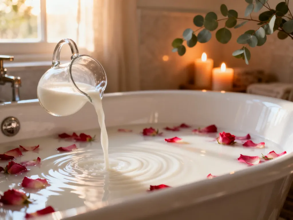 Wanna wypełniona mleczną kąpielą z płatkami róż, tworząca relaksującą atmosferę domowego spa.