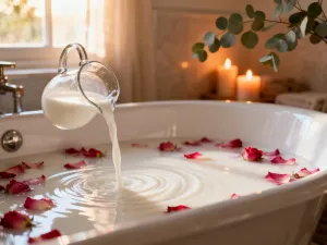 Miska z domową maseczką owsianą na marmurowym blacie w otoczeniu miodu i owsa, tworząca atmosferę domowego spa.