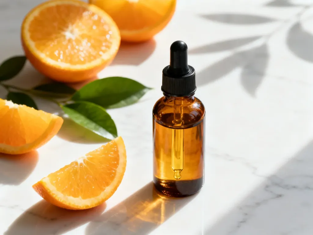 Szklana buteleczka z serum z witaminą C na marmurowym blacie w otoczeniu świeżych pomarańczy.