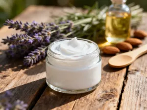Drewniana miseczka z domową maską z banana i miodu oraz składniki na rustykalnym stole.