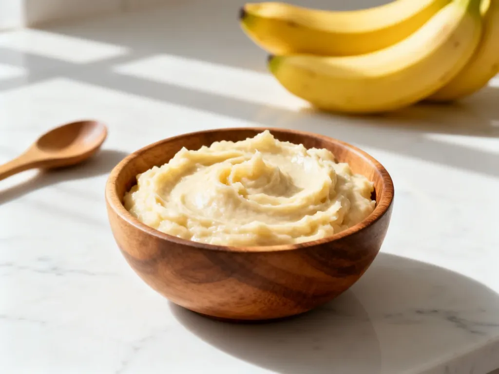 Drewniana miseczka z przygotowaną maseczką z banana na białym marmurowym blacie w otoczeniu świeżych owoców.