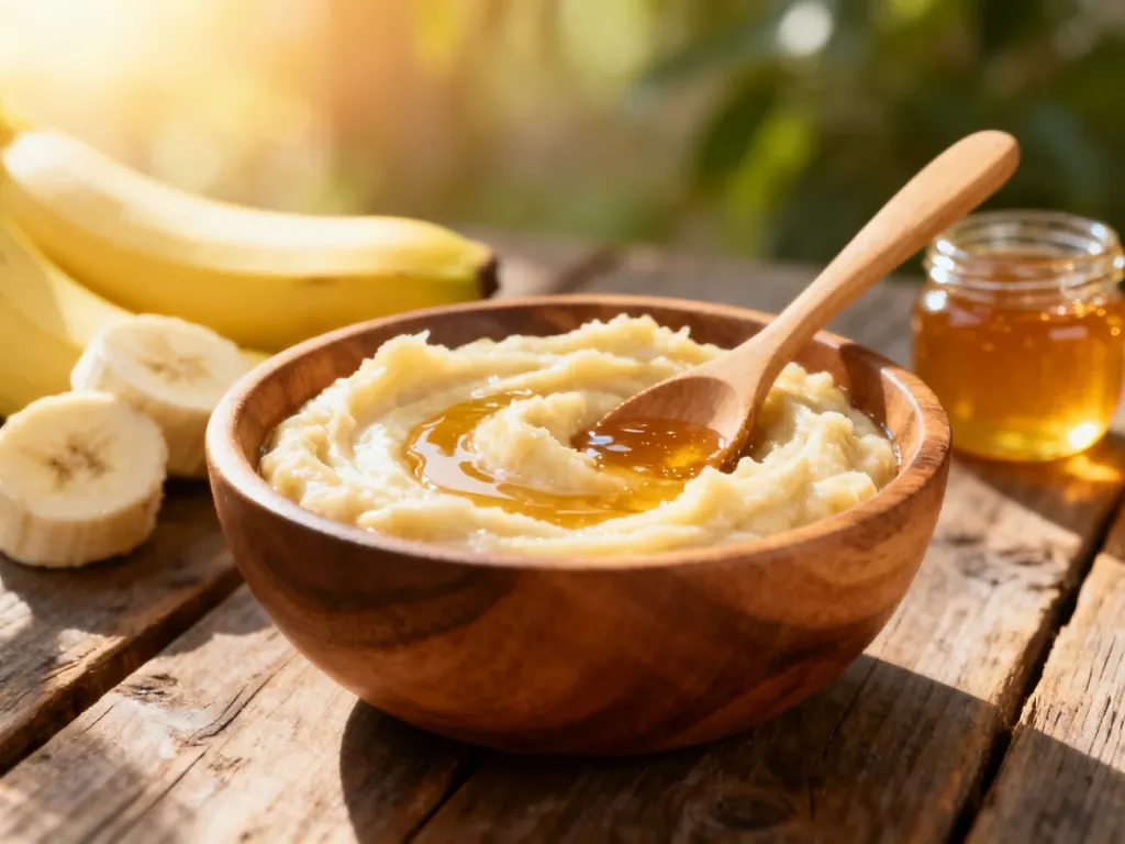 Drewniana miseczka z domową maską z banana i miodu oraz składniki na rustykalnym stole.