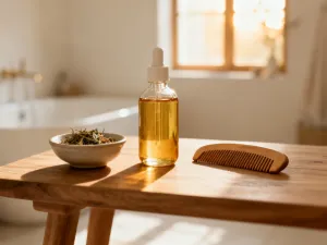 Elegancki słoiczek naturalnego kremu pod oczy na marmurowym blacie w otoczeniu aloesu i rumianku w jasnym wnętrzu spa.